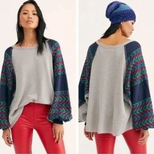 FREE PEOPLE Thermal Top Women XS Rainbow Dreams Batwing Sleeve Waffle Gray Blue